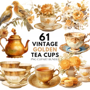 Tazza da tè oro vintage Clipart PNG Bundle Tea Party Clipart Tazze da tè floreali Clip Art Tea Party Decor Tea Time Clipart Png Scrapbook Junk Journal