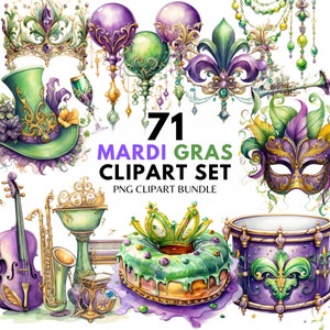 Watercolor Mardi Gras Clipart PNG Bundle King Cake Clipart Masquerade Clip Art Fleur de lis Graphics Happy Mardi Gras Png Carnival