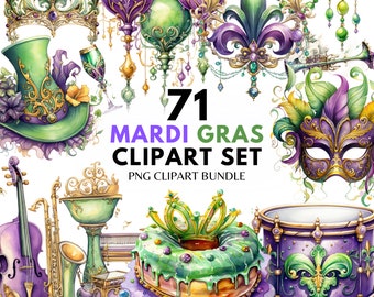 May include: A set of 71 Mardi Gras clipart images. The images include a green, gold, and purple crown, a green and gold hat, a green, gold, and purple mask, a green, gold, and purple fleur-de-lis, a green, gold, and purple balloon, a green, gold, and purple donut, a green, gold, and purple drum, and a green, gold, and purple saxophone.