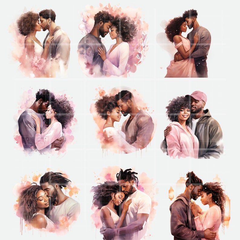 Puede incluir: Ilustraciones en acuarela de parejas abraz&aacute;ndose, con suaves tonos rosas y melocot&oacute;n. Cada imagen representa a un hombre y una mujer en un momento tierno, centr&aacute;ndose en la conexi&oacute;n y el afecto. Ideal para arte mural o tarjetas de felicitaci&oacute;n.