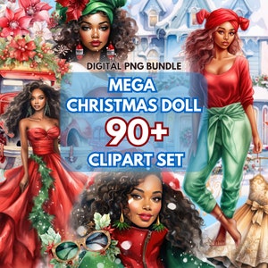 Afro Christmas Fashion Doll Watercolor Clipart Set Christmas Doll Designs PNG Digital Download Afro Fashion Girl Clipart Sublimation Bundle