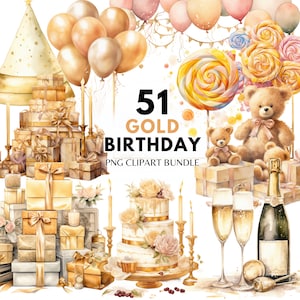 Oro cumpleaños Clipart paquete fiesta pastel cumpleaños presente globo feliz cumpleaños PNG tarjeta de cumpleaños invitación de cumpleaños uso comercial