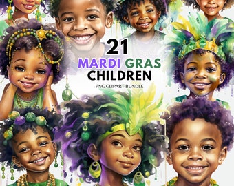 May include: 21 digital illustrations of children dressed in Mardi Gras costumes. The children are all Black and have different hairstyles and expressions. The illustrations are in a watercolor style and feature vibrant colors, including green, purple, gold, and white.
