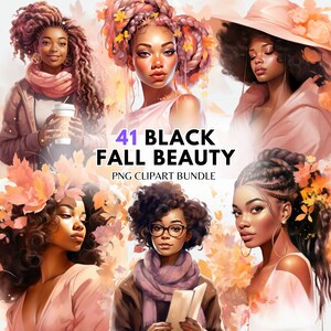 Chic Black Woman Fall Babe PNG Clipart Set Bundle Acquerello Autunno Clipart Black Fashion Girl PNG Accogliente Autunno Autunno Fashion Clipart