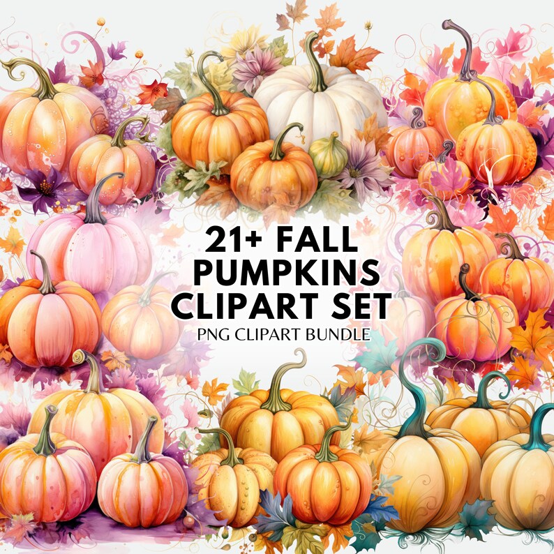 May include: A set of 21+ watercolor pumpkin clipart images in various colors and sizes. The pumpkins are arranged in a fall-themed design with leaves and vines. The text "21+ FALL PUMPKINS CLIPART SET PNG CLIPART BUNDLE" is displayed in the center of the image.