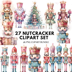 Clipart de quebra-nozes de Natal em aquarela - Gráficos de férias em pastel PNG Quebra-nozes rosa Pacote de sublimação de gráficos de Natal para uso comercial