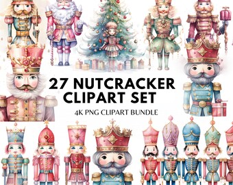 Watercolor Christmas Nutcracker Clipart - Pastel Holiday Graphics PNG Pink Nutcracker Christmas Graphics Sublimation Bundle Commercial Use