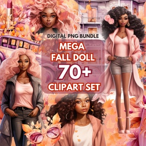Afro Fall Fashion Doll PNG Set Black Fall Doll Clipart Bundle Download digitale Fashion Doll PNG Rosa AfAm Fashionista Graphics Fall Doll PNG