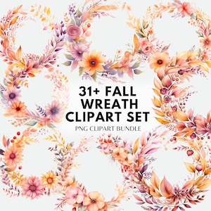 Ghirlanda autunnale Clipart PNG Bundle Corona autunnale Png Ghirlanda floreale autunnale Png Acquerello Autunno Clipart Ghirlanda di fiori PNG Sublimazione Bundle
