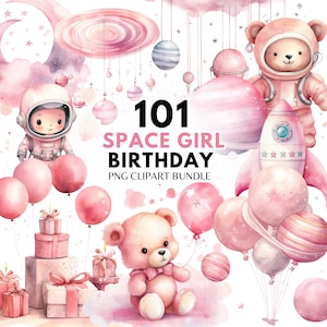 Bundle de cliparts espace anniversaire mignon astronaute Art espace girly premier anniversaire rose joyeux anniversaire PNG anniversaire son anniversaire décoration bricolage