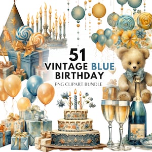 Vintage Blau Geburtstag Clipart Bundle Party Kuchen Geburtstagsgeschenk Ballon Alles Gute zum Geburtstag PNG Geburtstagskarte Geburtstagseinladung Kommerzielle Nutzung