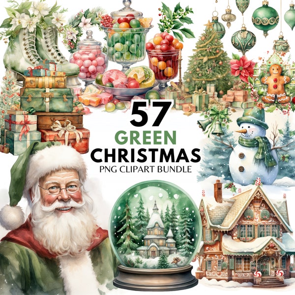 Grön jul PNG Clipart-paket akvarell grön Cottagecore jul Clipart digital nedladdning juldekorationsdesign PNG sublimering