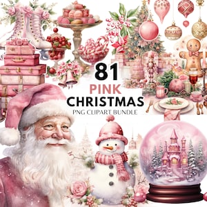 Roze kerst PNG clipart bundel aquarel roze Cottagecore kerst clipart digitale download kerst grafisch ontwerp PNG sublimatie