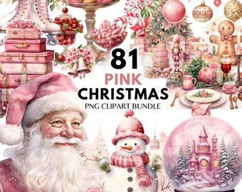 Bundle de cliparts PNG Noël rose aquarelle rose Cottagecore Noël Clipart téléchargement numérique Noël Graphics Design PNG sublimation