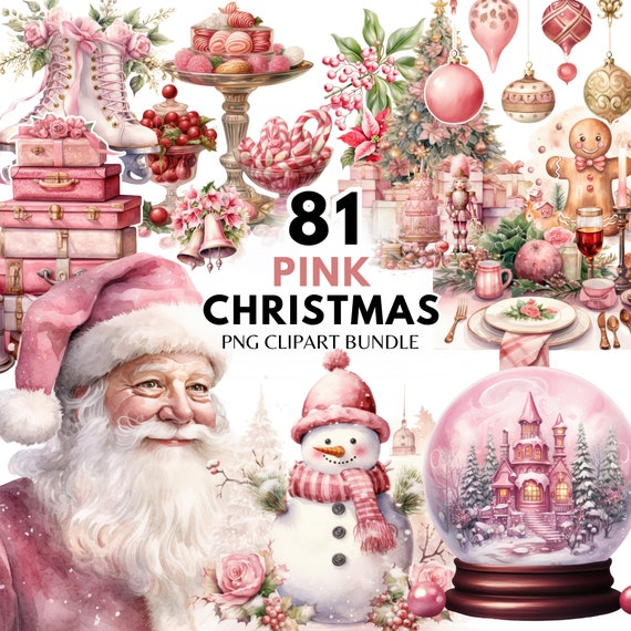 Pink Christmas PNG Clipart Bundle Watercolor Pink Cottagecore Christmas Clipart Digital Download Christmas Graphics Design PNG Sublimation