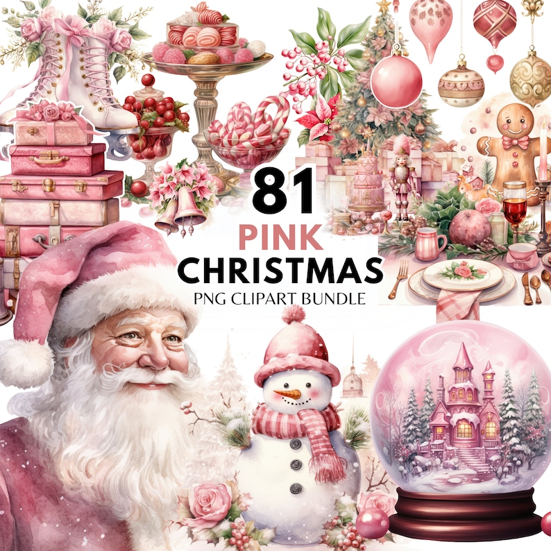 May include: A watercolour illustration of pink Christmas-themed clipart. The image includes Santa Claus, a snowman, a snow globe, baubles, a Christmas tree, and the text "81 PINK CHRISTMAS PNG CLIPART BUNDLE."