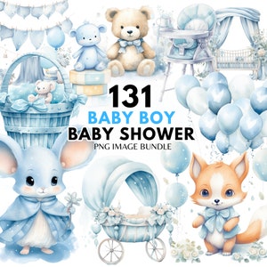 Bundle de cliparts aquarelle pour baby shower, bébé nouveau-né, cliparts chambre d'enfant PNG sexe, faire-part pour baby shower bleu