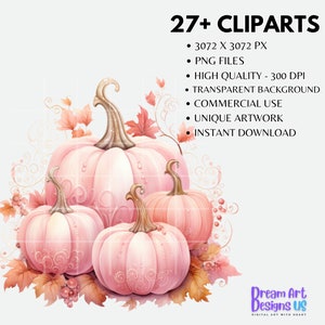 May include: A set of four pink pumpkins with intricate designs, surrounded by fall leaves and berries. The pumpkins are arranged in a cluster, with the largest pumpkin in the center. The image is a digital illustration, perfect for fall-themed crafts and designs.