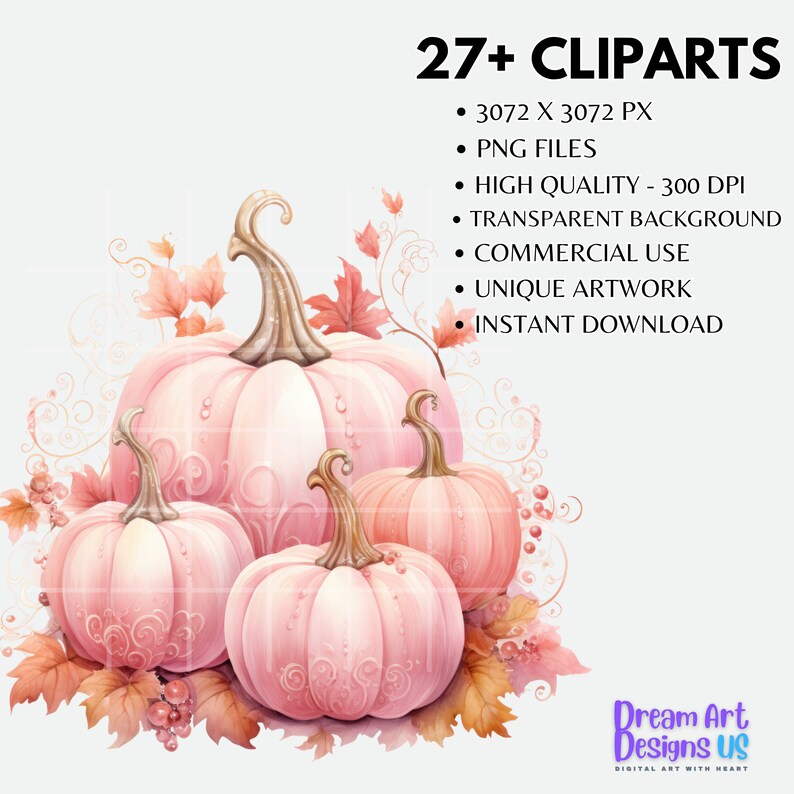 May include: A set of four pink pumpkins with intricate designs, surrounded by fall leaves and berries. The pumpkins are arranged in a cluster, with the largest pumpkin in the center. The image is a digital illustration, perfect for fall-themed crafts and designs.