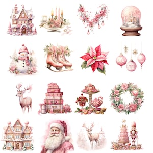 May include: A collection of watercolour illustrations featuring festive Christmas and winter imagery. Depicted are a snow globe, snowman, ice skates, ornaments, Santa Claus, and a deer, in pink and white hues.