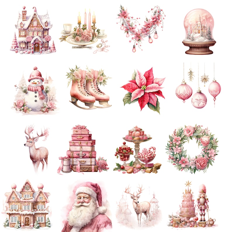 May include: A collection of watercolour illustrations featuring festive Christmas and winter imagery. Depicted are a snow globe, snowman, ice skates, ornaments, Santa Claus, and a deer, in pink and white hues.