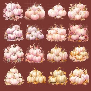 May include: A collection of 12 digital clipart images featuring watercolor pumpkins in various shades of pink and cream. The pumpkins are arranged in groups of three or four, with some featuring leaves and vines.