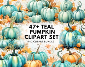 Teal Pumpkin PNG Fall Clipart Bundle Pumpkin Teal PNG Watercolor Autumn Clipart Fall PNG Graphics Sublimation Bundle Watercolor