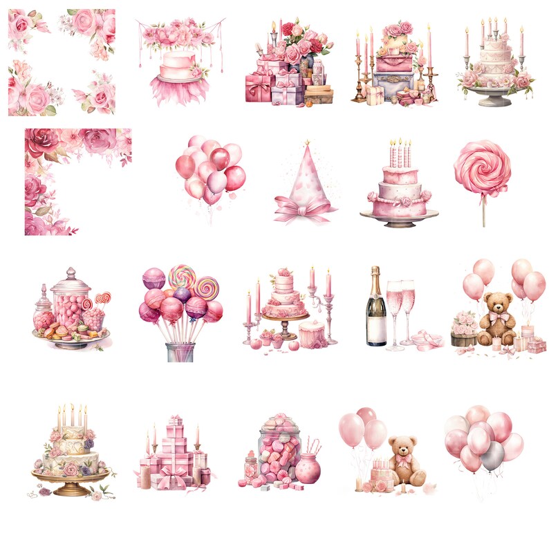 Pink Birthday Clipart Bundle Party Cake Birthday Present Balloon Happy ...