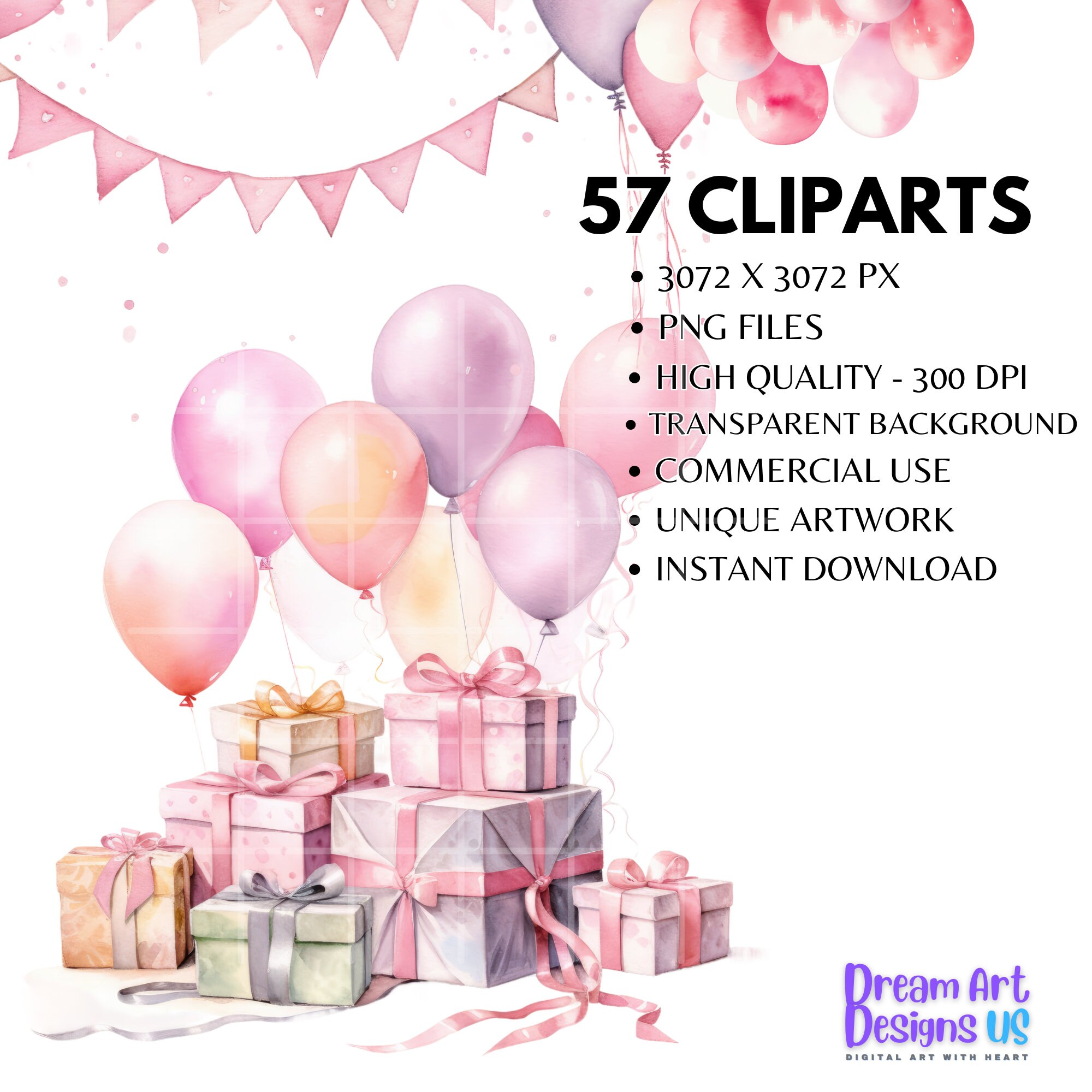 Pink Birthday Clipart Bundle Party Cake Birthday Present Balloon Happy ...