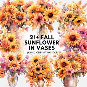 Fall Sunflowers in Vases Clipart PNG Bundle Fall Flower Clipart Png Acquerello Girasole Autunno Clipart Girasole PNG Sublimazione Bundle