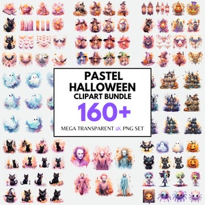 Pastel Halloween Mega Bundle Clipart Watercolor Pastel Halloween Clipart Witch PNG Ghost Cat Clip Art Pumpkin Holiday Png Happy Halloween