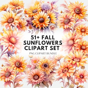 Pacchetto PNG Girasole autunnale Clipart Fiore autunnale PNG Girasole acquerello Autunno Clipart Corona di girasole PNG Pacchetto sublimazione