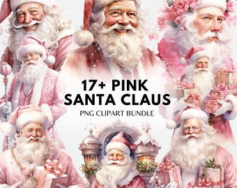 Watercolor Pink Santa Claus Clipart Bundle Christmas PNG Pastel Christmas Clipart Vintage Santa Png Pink Christmas Sublimation Bundle