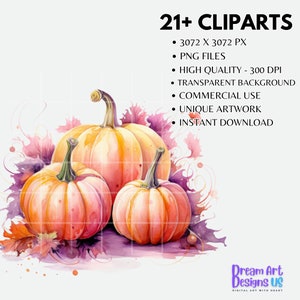 May include: Three watercolor pumpkins with orange and pink hues, surrounded by purple and pink leaves. The pumpkins are arranged in a cluster, with the largest pumpkin in the back and the two smaller pumpkins in the front. The image has a white background.