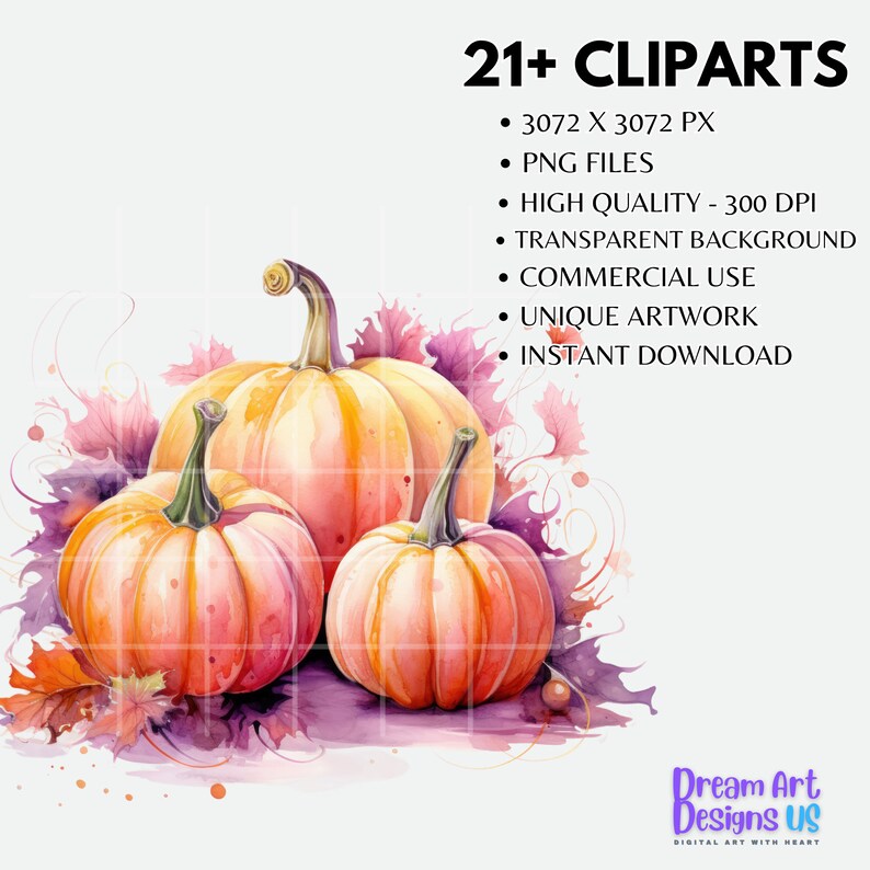 May include: Three watercolor pumpkins with orange and pink hues, surrounded by purple and pink leaves. The pumpkins are arranged in a cluster, with the largest pumpkin in the back and the two smaller pumpkins in the front. The image has a white background.