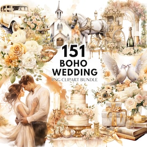 Acquerello Boho Wedding Clipart Pacchetto matrimonio Sposa e sposo Indietro Clipart Matrimonio giorno Clipart PNG Matrimonio clipart Just Married Clipart