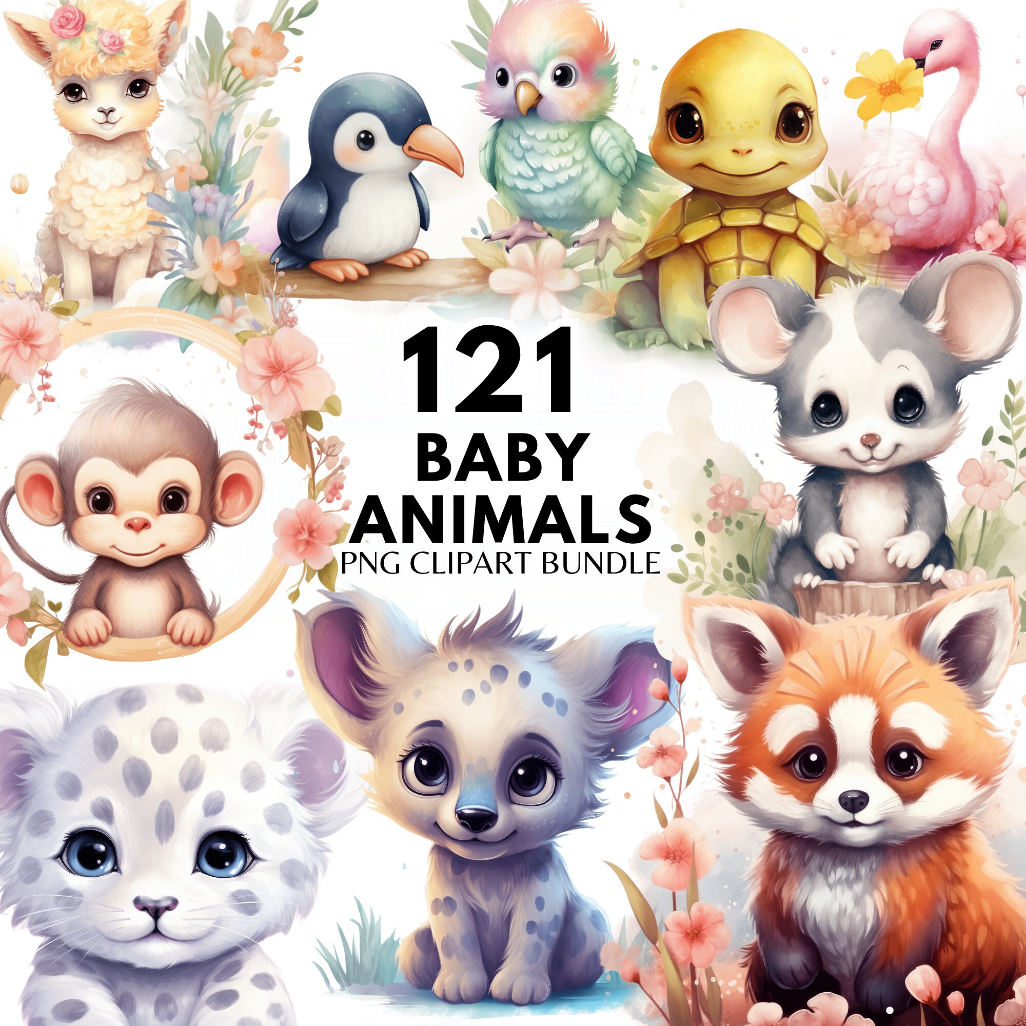 Watercolor Baby Animal Clipart Bundle, Nursery Decor (PNG Digital ...
