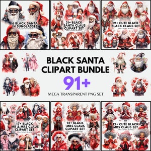 Watercolor Black Santa Claus Mega Bundle Clipart Pastel Christmas PNG Black Christmas Clipart Mrs Santa Claus Png Black Santa Sublimation