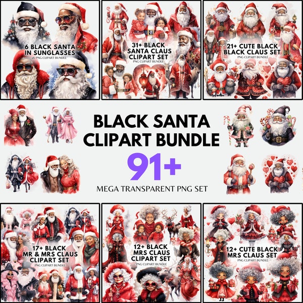 Watercolor Black Santa Claus Mega Bundle Clipart Pastel Christmas PNG Black Christmas Clipart Mrs Santa Claus Png Black Santa Sublimation