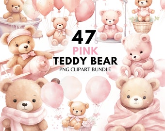 May include: A set of 47 pink teddy bear illustrations in PNG format. The bears are depicted in various poses, including flying in a plane, sitting on a swing, and holding balloons. The illustrations are perfect for crafting, scrapbooking, and other creative projects.