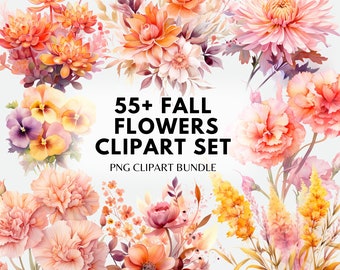Fall Flower Clipart PNG Bundle Fall Floral Clipart Png Autumn Flowers Watercolor Autumn Clipart Hello Fall PNG Graphics Sublimation Bundle