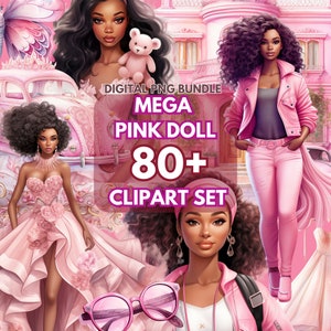 Puede incluir: Un conjunto de clipart digital con muñecas rosas con diferentes peinados y atuendos. El conjunto incluye un carruaje rosa, un oso de peluche, gafas de sol y otros accesorios. El texto "DIGITAL PNG BUNDLE MEGA PINK DOLL 80+ CLIPART SET" se muestra en la imagen.