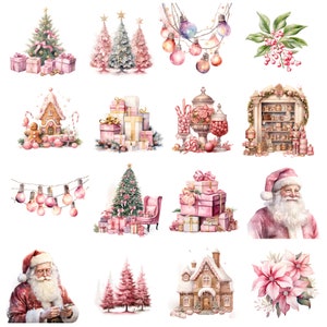 May include: A collection of watercolour illustrations featuring Christmas and festive elements. The image includes Christmas trees, gift boxes, Santa Claus, a gingerbread house, string lights, and poinsettias. The colour scheme is predominantly pink, white, and gold.