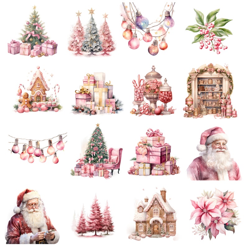 May include: A collection of watercolour illustrations featuring Christmas and festive elements. The image includes Christmas trees, gift boxes, Santa Claus, a gingerbread house, string lights, and poinsettias. The colour scheme is predominantly pink, white, and gold.