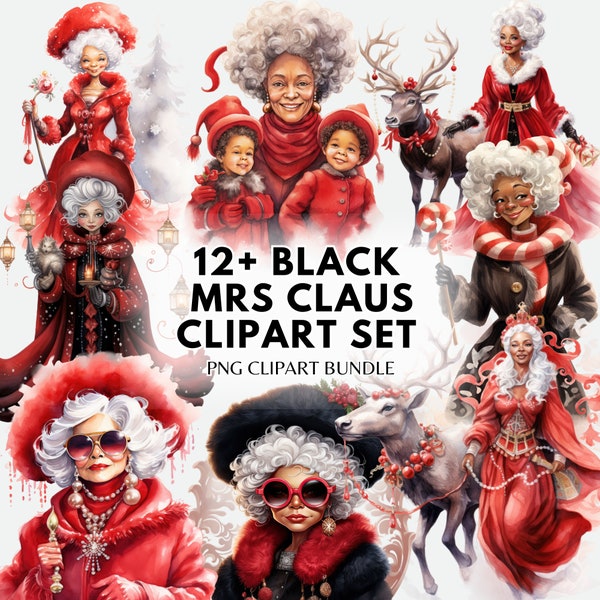 Watercolor Black Mrs Claus Clipart Christmas PNG Bundle Black Christmas Clipart Digital Download Christmas Mama Claus PNG Sublimation