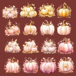 May include: A collection of 15 watercolor illustrations of pumpkins with various designs and colors. The pumpkins are surrounded by leaves and vines. Some pumpkins are white with gold accents, while others are pink with gold or white accents.