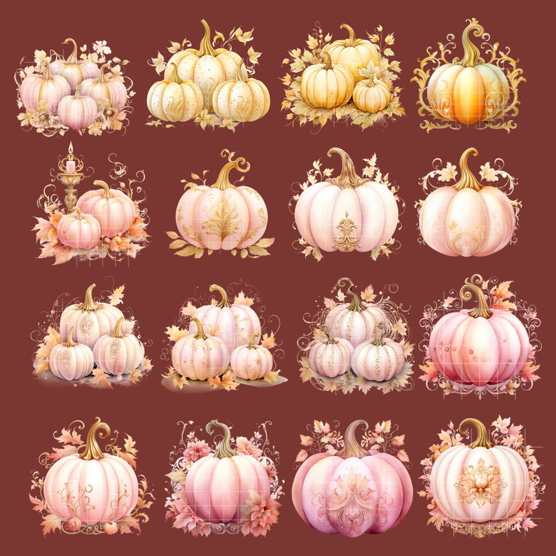 May include: A collection of 15 watercolor illustrations of pumpkins with various designs and colors. The pumpkins are surrounded by leaves and vines. Some pumpkins are white with gold accents, while others are pink with gold or white accents.