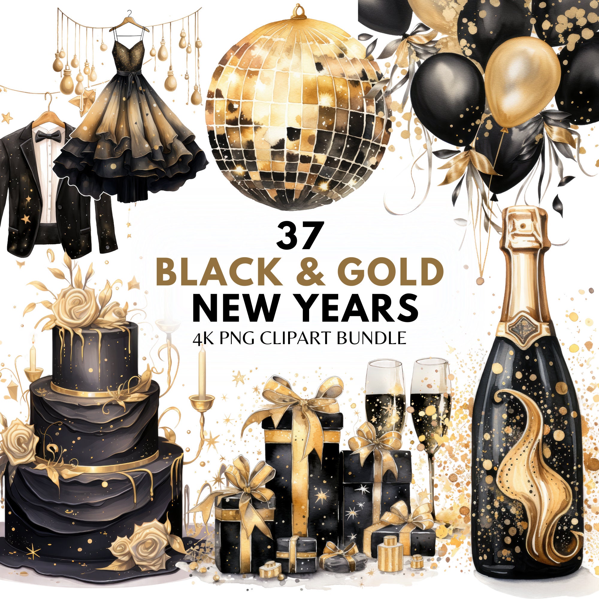 Feliz Año Nuevo Clipart PNG Nochevieja Acuarela Paquete Negro y Oro ...