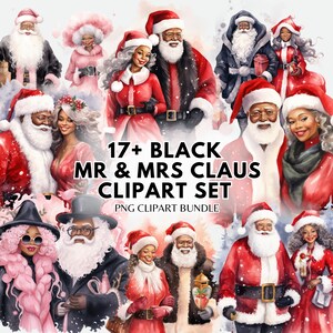 Watercolor Black Mr and Mrs Claus Clipart Christmas PNG Bundle Christmas Clipart Black Christmas Santa and Mrs Claus Sublimation Png