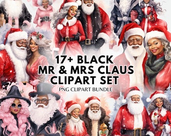 Watercolor Black Mr and Mrs Claus Clipart Christmas PNG Bundle Christmas Clipart Black Christmas Santa and Mrs Claus Sublimation Png